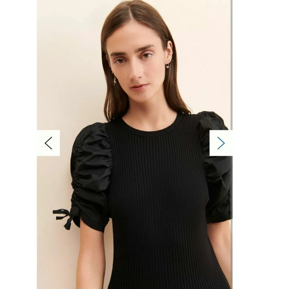 Anthropologie En Saison Fitted Maxime Midi Dress Puff Sleeves Black Size Medium - Image 2