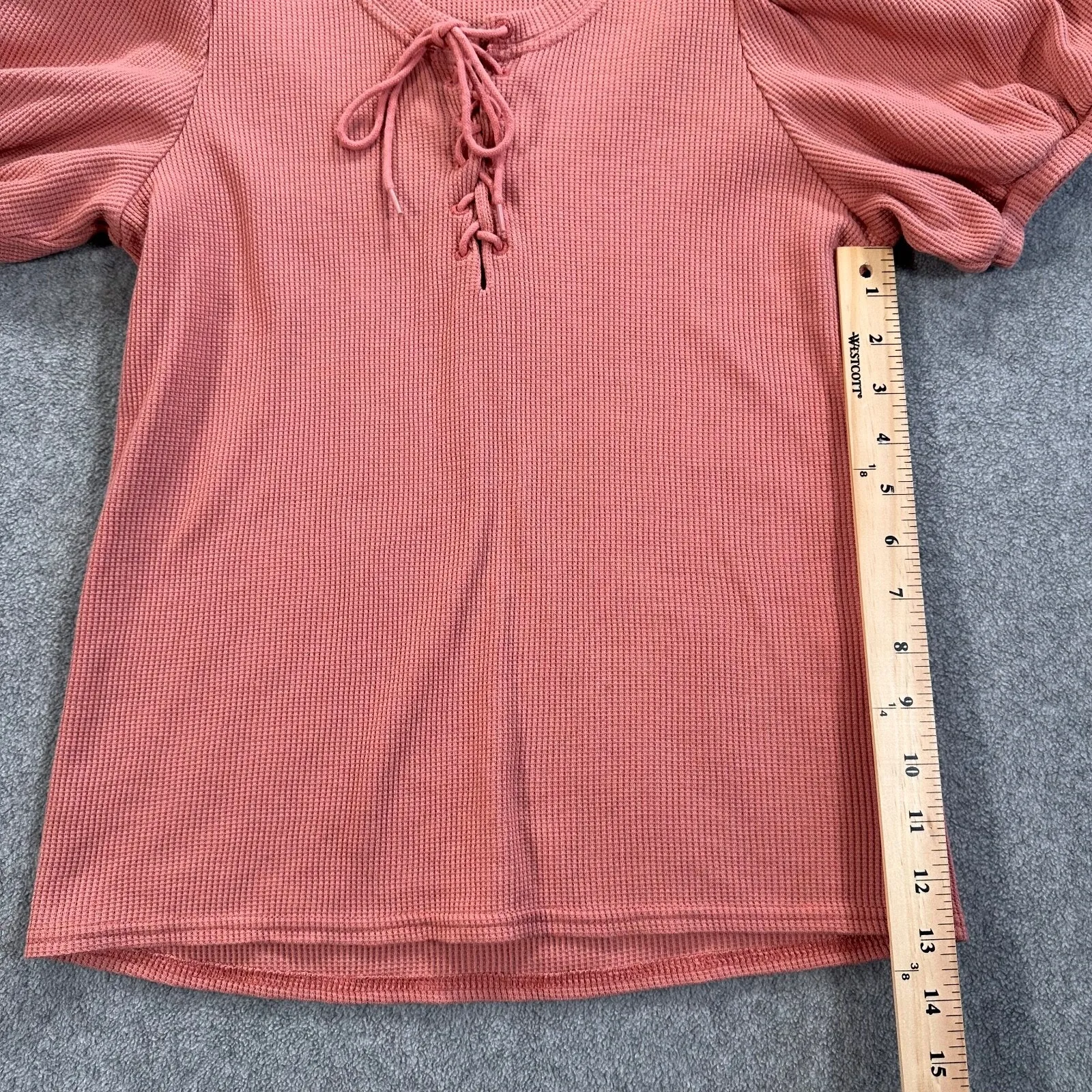 Wrangler Retro Puff Sleeve Top Women's Medium Rose Pink Waffle Knit Lace Up - Image 4