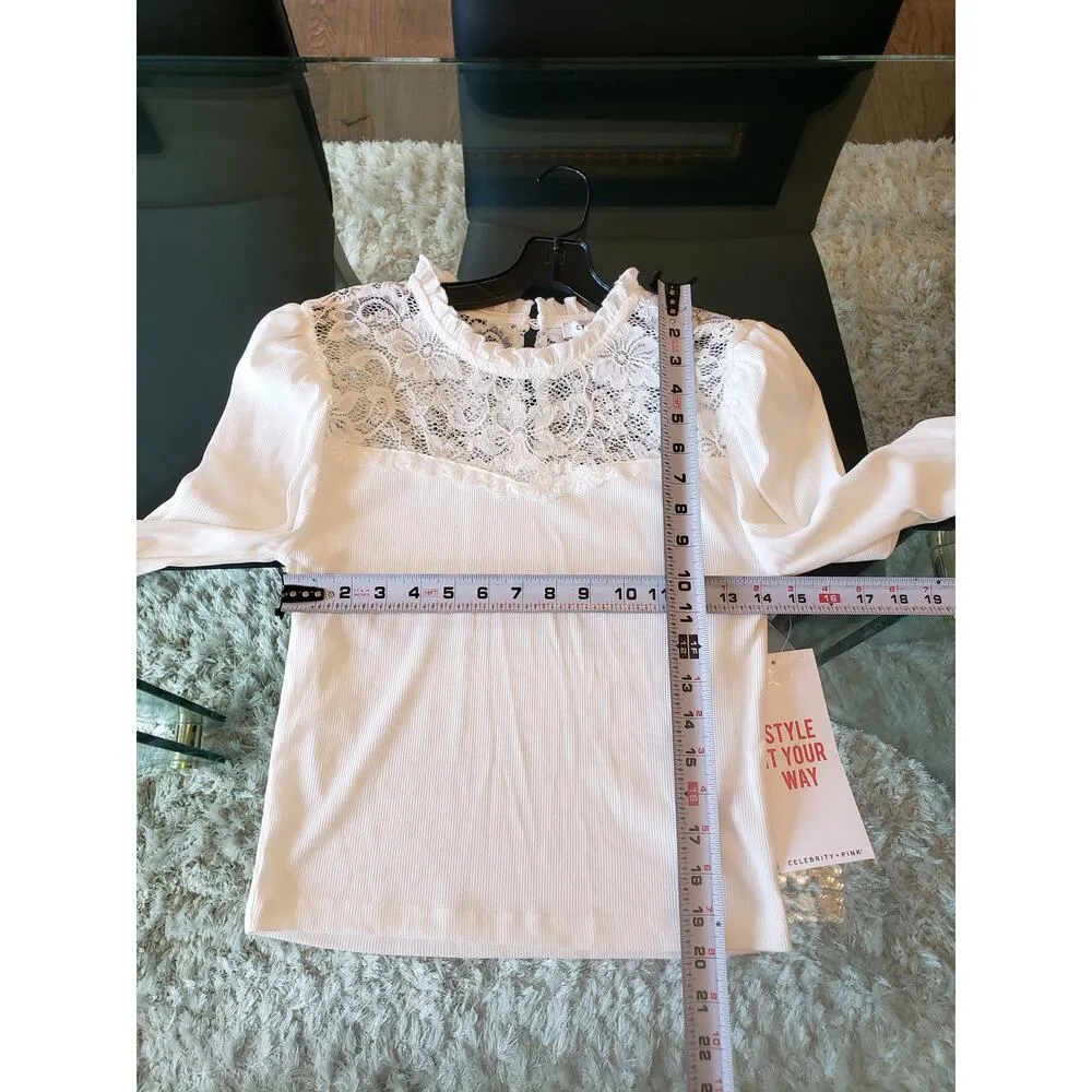 Celebrity Pink Top Blouse Women's Medium White Lace Up Ribbed Long Sleeve - Image 8