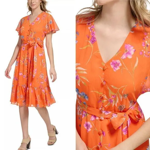 NEW‎ CALVIN KLEIN Women's V-Neck Short-Sleeve Chiffon A-Line Dress - Image 3