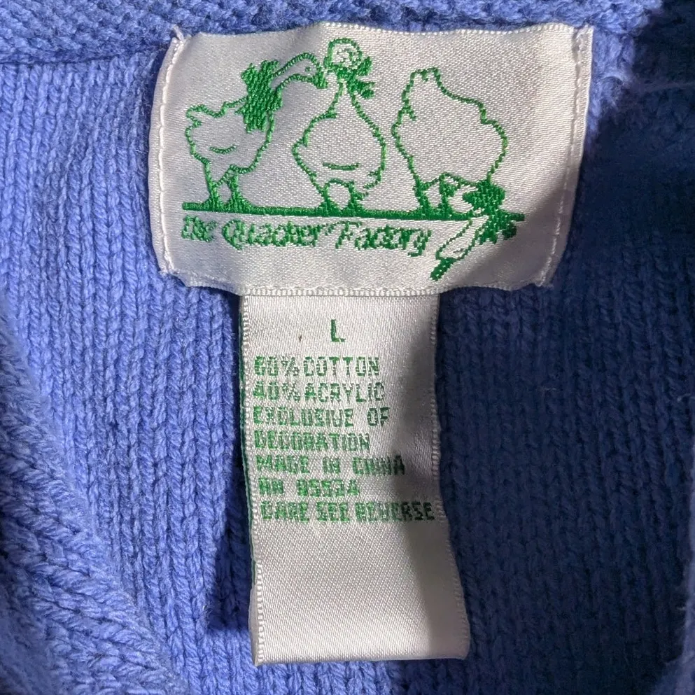 Vtg 1990s Quacker Factory Blue Knit Daisy Bee Embroidered Hooded Zip Up Vest L Size L - Image 4
