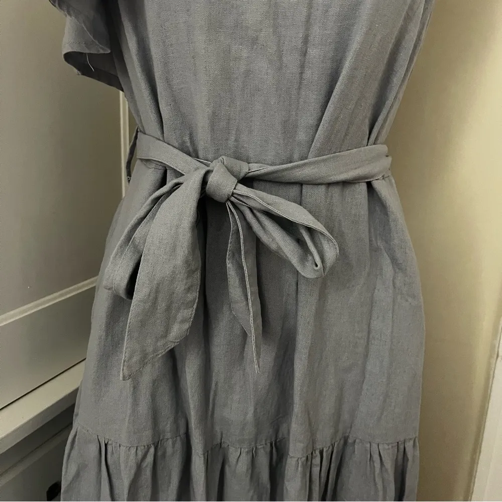 Nicole Miller Asymmetrical One Shoulder Ruffle Trim Linen Tiered Midi Dress - Image 3