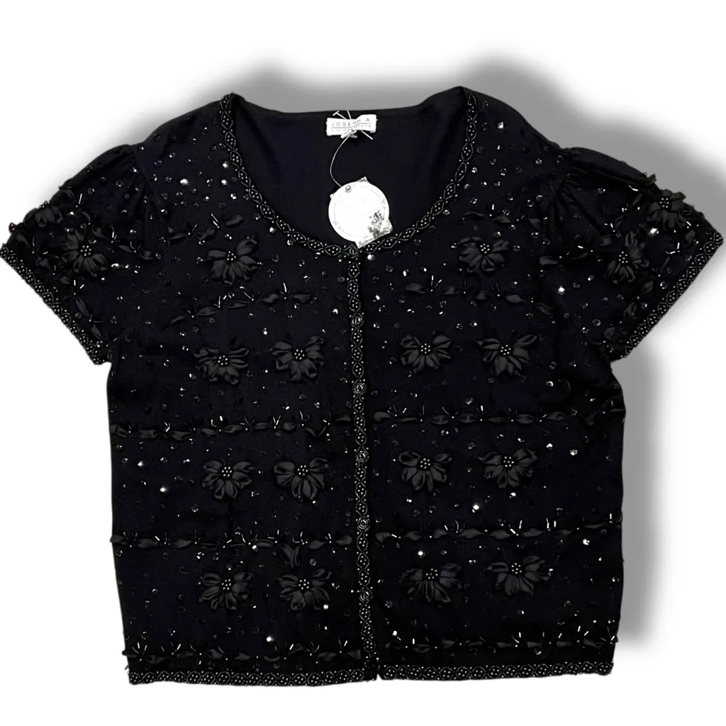 Black Beaded Sweater w/ raised ribbon flowers Sz Large Joseph A. Cardigan - Image 1