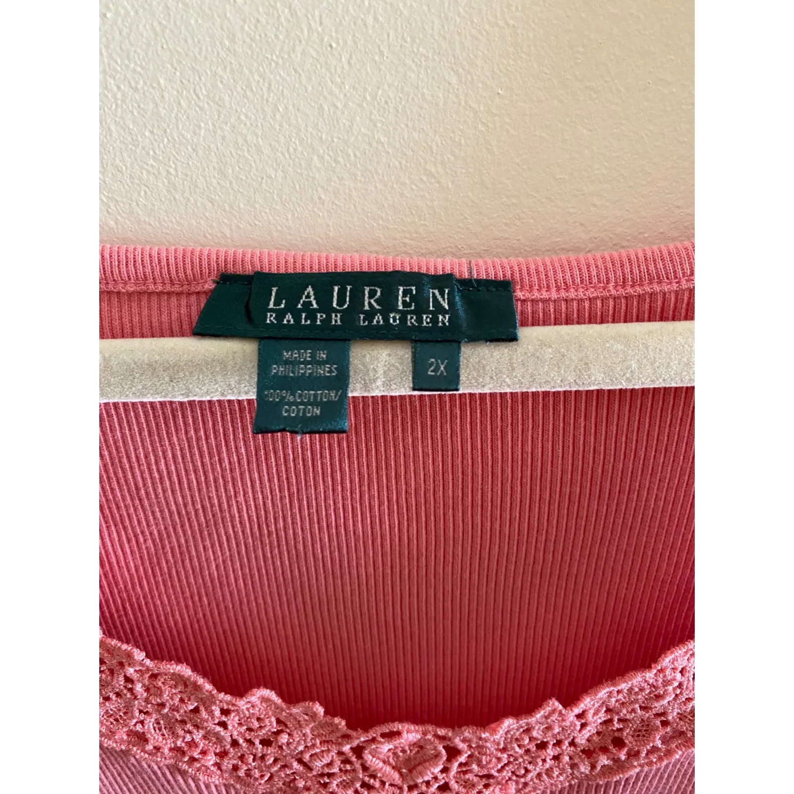 Lauren Ralph Lauren Pink Ribbed Lace Floral Trim Tank Top Plus Size 2X Cotton - Image 2