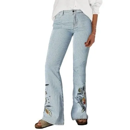 Flamingals Striped Embroidered Flare Jeans Light Blue 16 - Image 10