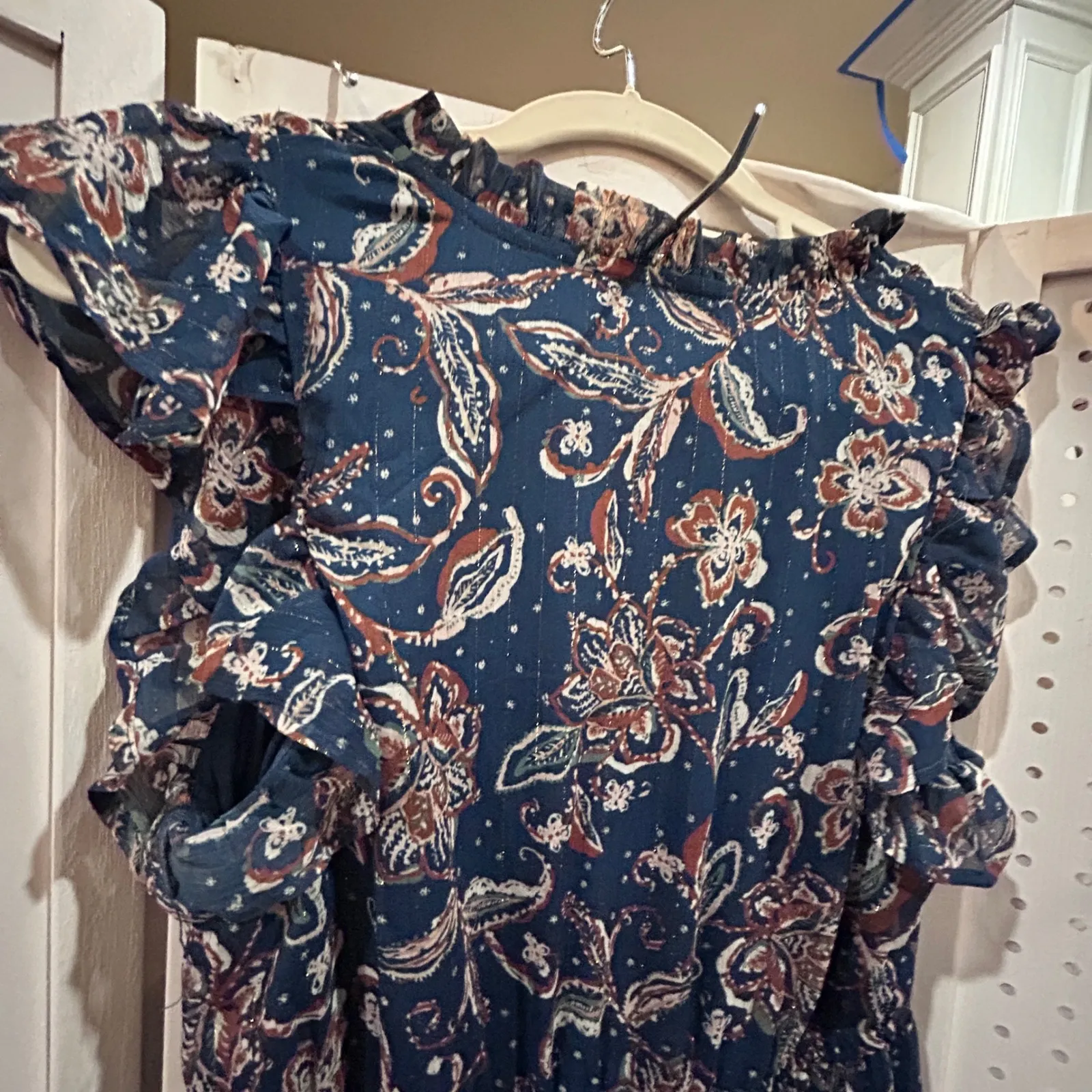 Lucky Brand Floral Print Maxi Dress Ruffle Neck Tie V Neck Short Sleeve Blue M - Image 9