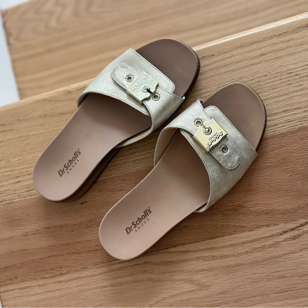 Dr. Scholl's Buckle Slide Sandals Island Icon Silver Metallic 7.5 $80 Gold - Image 3