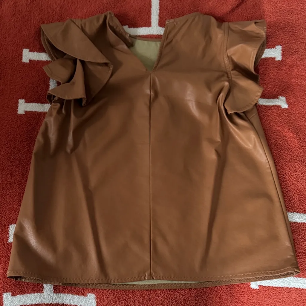 Brown Faux Leather Ruffle Sleeve Top Size M - Image 2