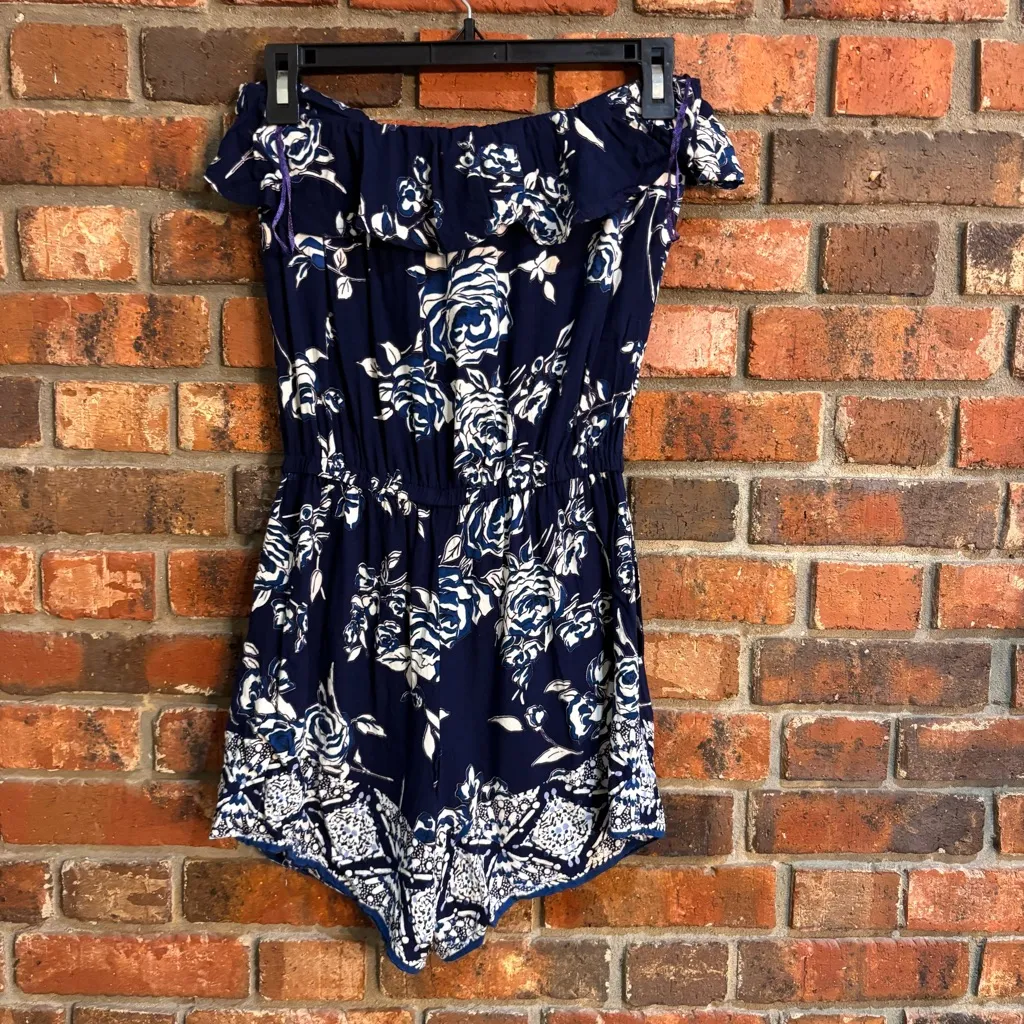 Angie womens floral strapless ruffle rompers blue M - Image 5