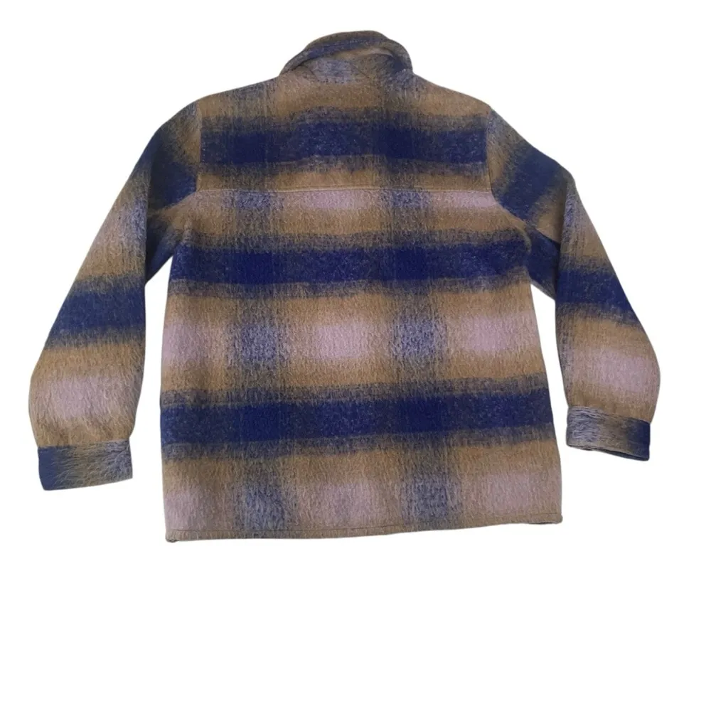 GAP women's medium lofty shirt jacket shacket blue multi purple tan plaid teddy - Image 2