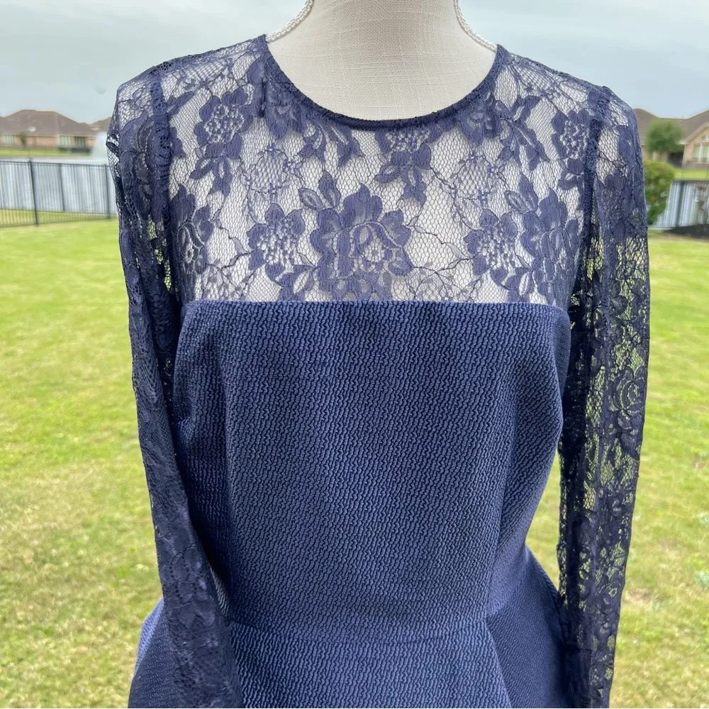 David Meister Blue Lace Long Sleeve Peplum Dress - Image 4