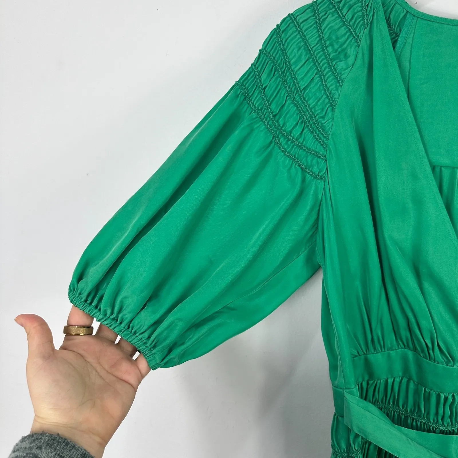 Ted Baker Green Babydoll Mini Dress Womens 1 Small Vegan Silk Smocked Feminine - Image 4