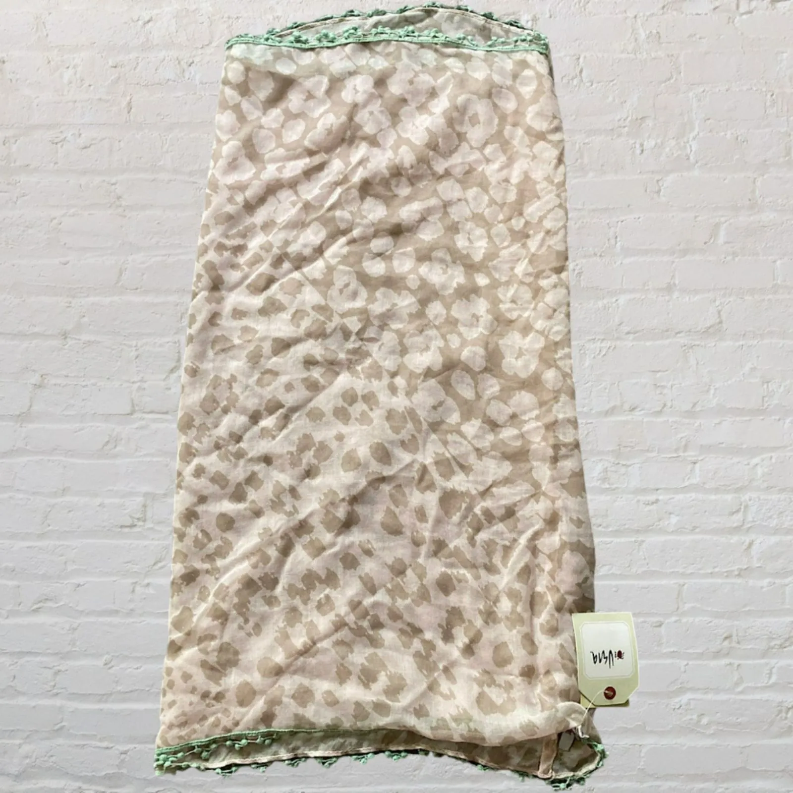 Vera Neumann Scarf Beige Green Boho Print Infinity Scarf Pom Pom Edging Detail Pink - Image 3