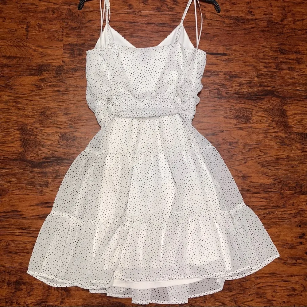 Express Little White Dress Ruffled Peasant Dress Polka Dot Mini Dress Medium - Image 3