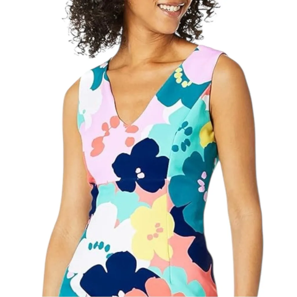 Trina Turk Coral Lily Dress Size 6 Sleeveless Floral V Neck Sheath Spring Shift - Image 2