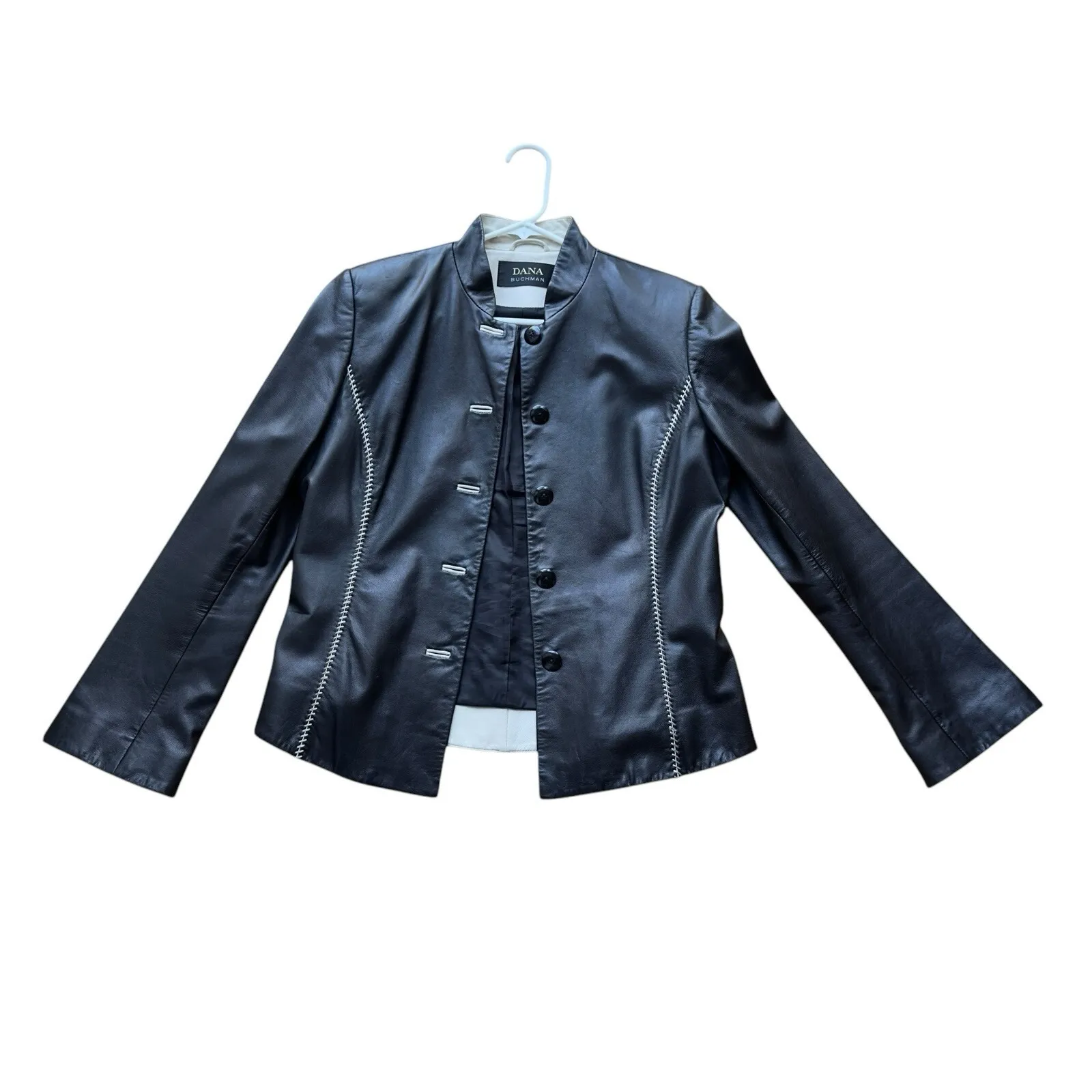Dana Buchman Black Leather Jacket Size 10 Button Front Accent Stitching - Image 2