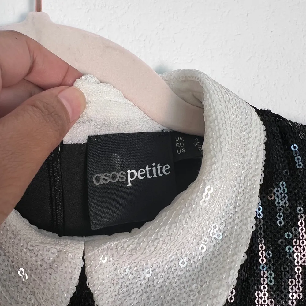 Asos Petite Black Sequin Swing Long Sleeves Mini Dress with White Collar and Cuf Size 0P - Image 6