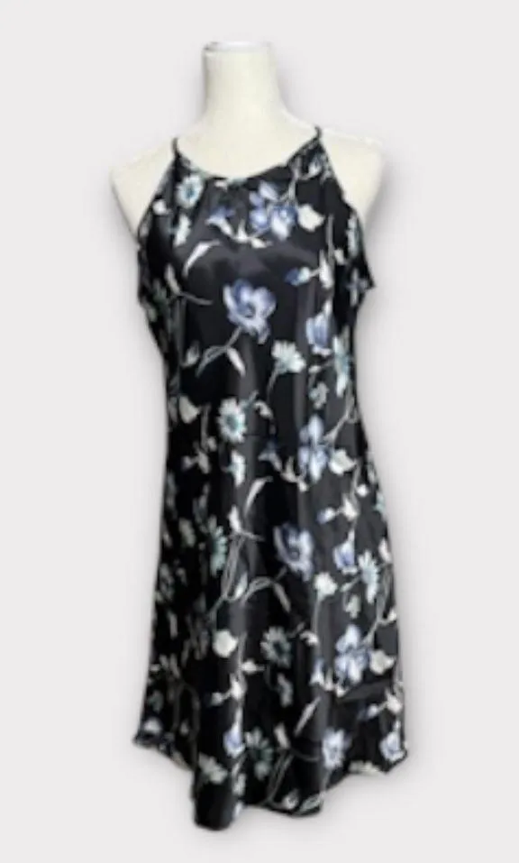 Vintage 90s DBY Dark Floral Slip Dress Satiny Size 11 Sleeveless Black Blue - Image 6