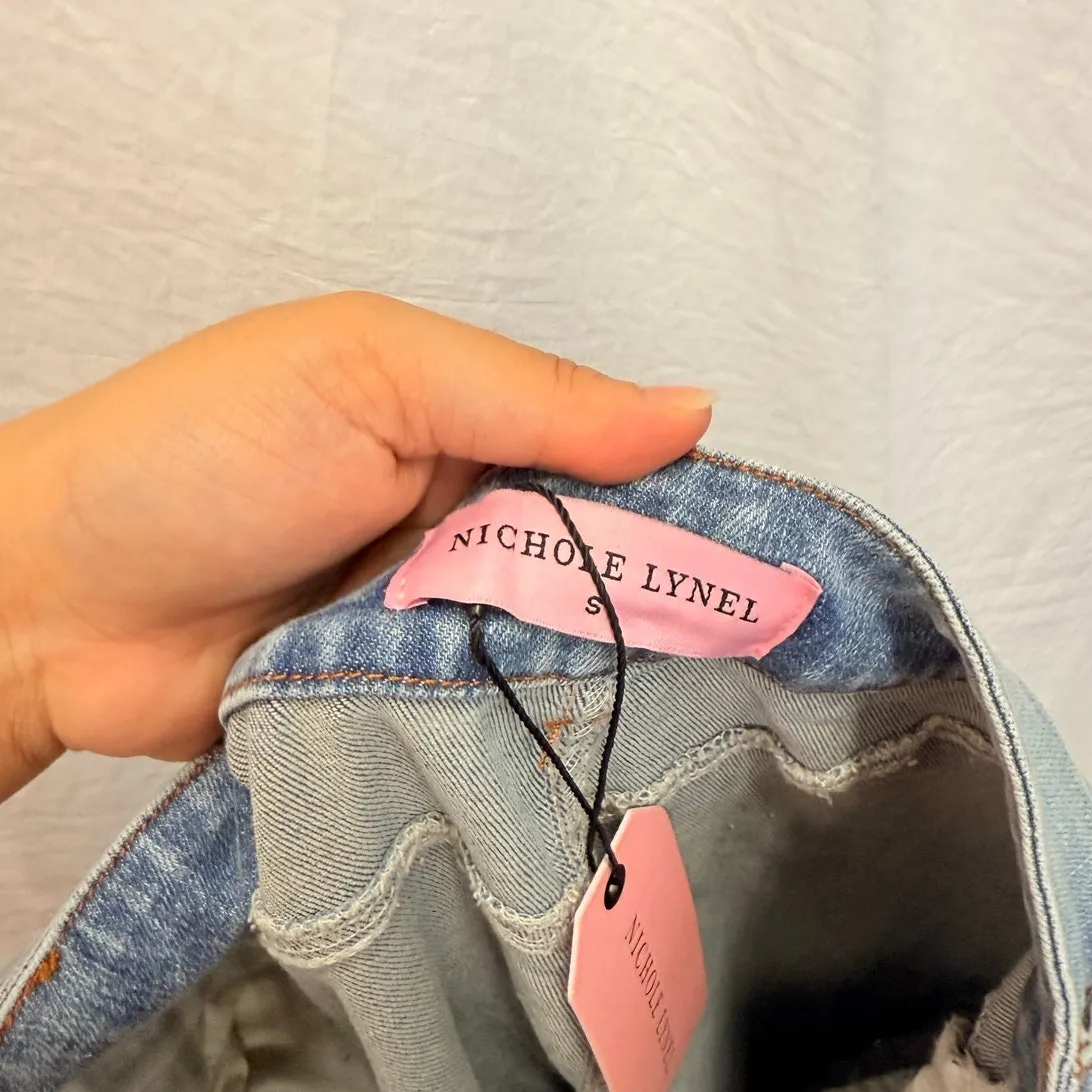 Nichole Lynel | NEW Feather Pearl Flare Denim Small Gala Party Clubbing Blue Size 6 - Image 7