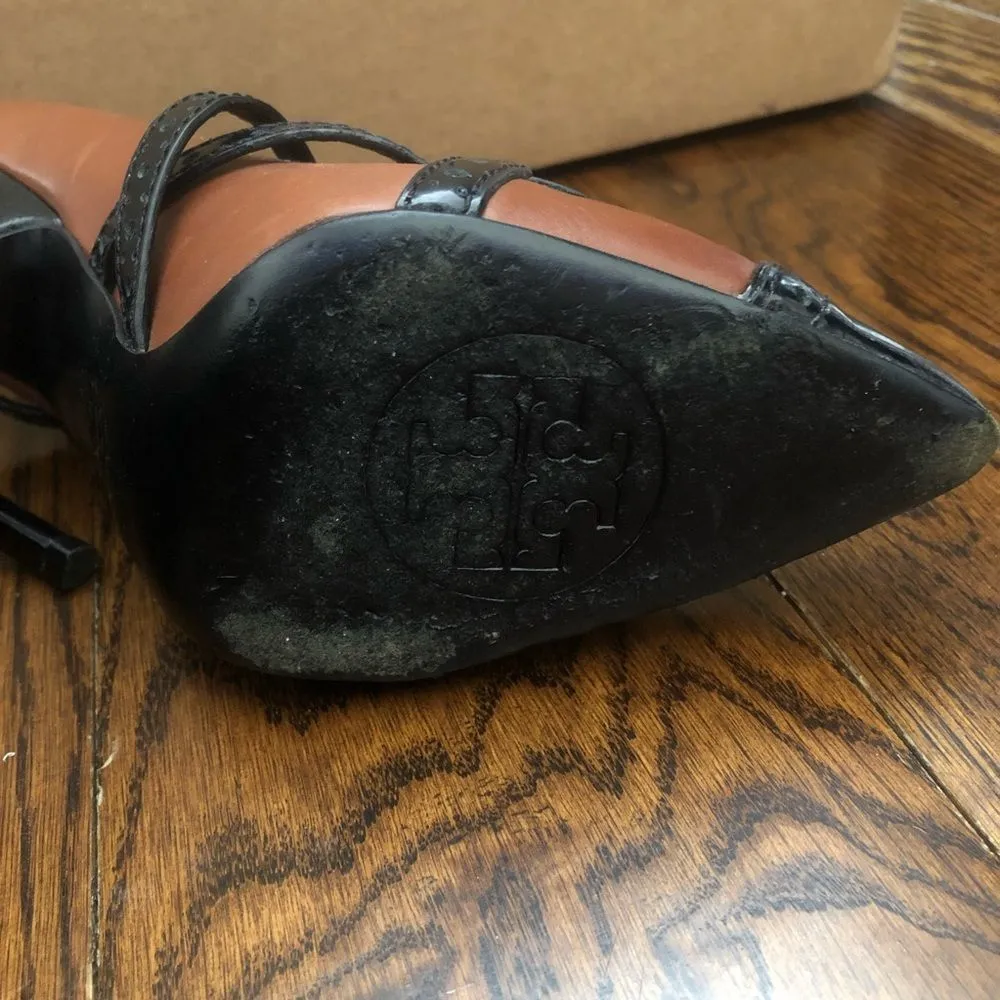 TORY BURCH Judith Brown and Black Leather Strappy Stiletto Heels Sz 9m - Image 11