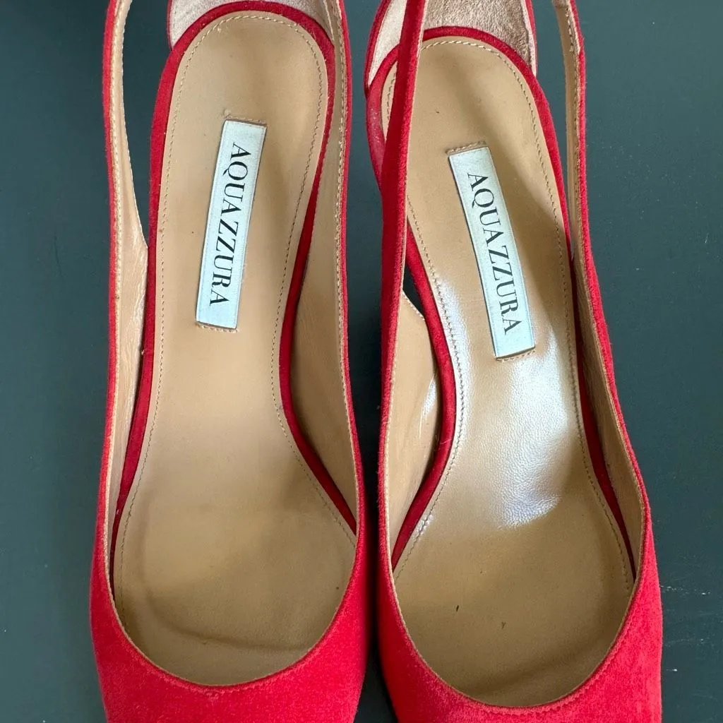 Aquazzura Lipstick Red Suede Leather Bow Tie Deneuve Pump 85 mm Size 37.5 USA 7 - Image 10