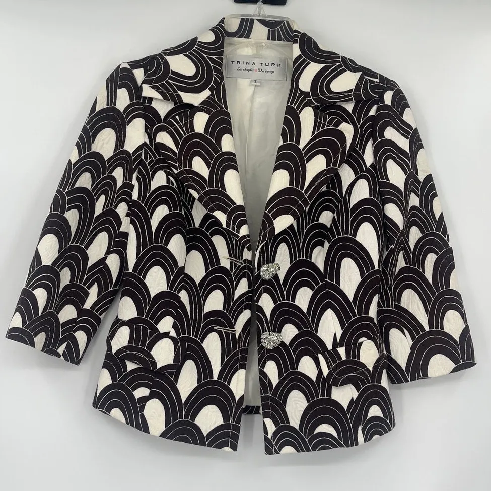 Trina Turk Art Deco Quilted Womens Blazer Sz 2 Jewel Retro Y2K Glam Brown Crop - Image 13