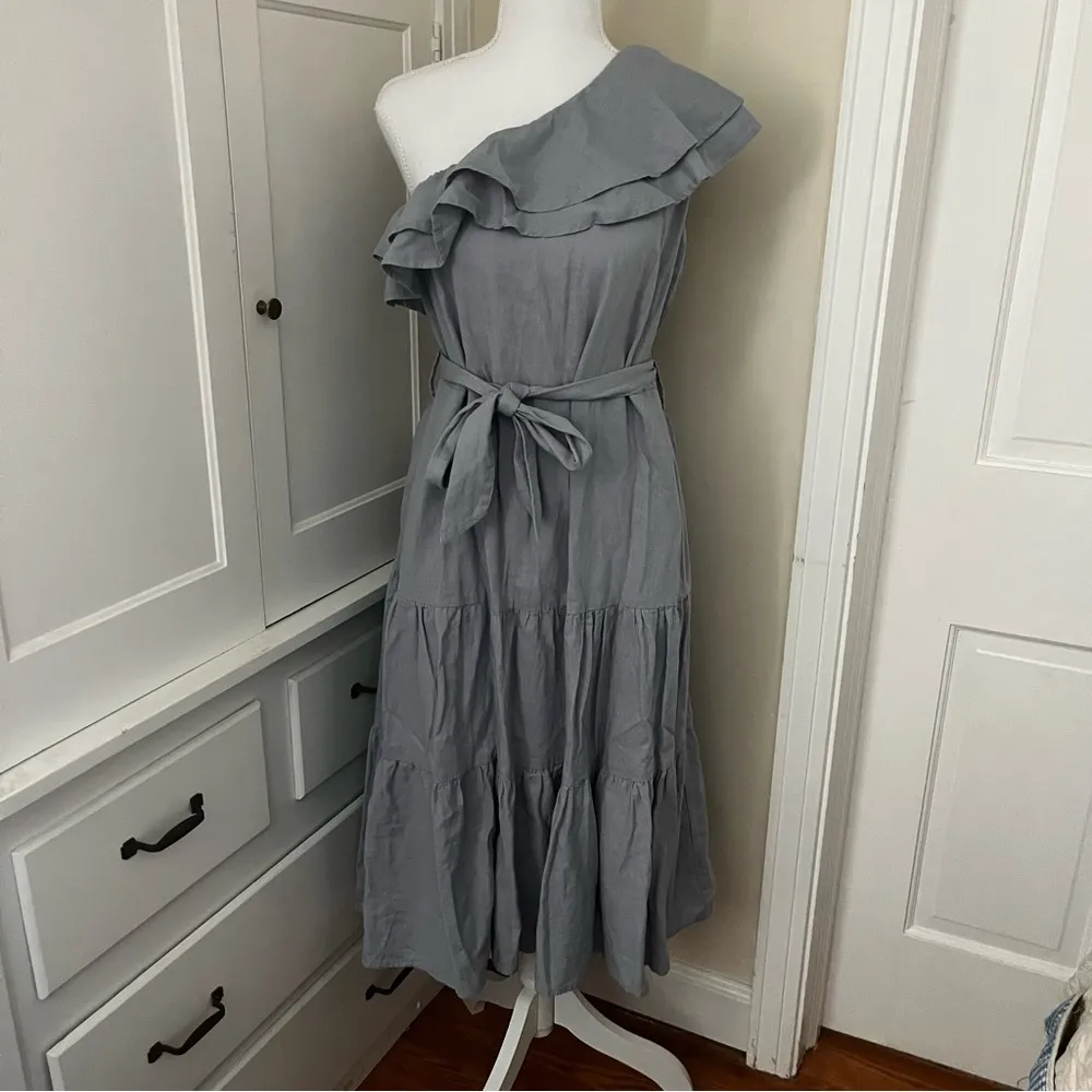 Nicole Miller Asymmetrical One Shoulder Ruffle Trim Linen Tiered Midi Dress - Image 6