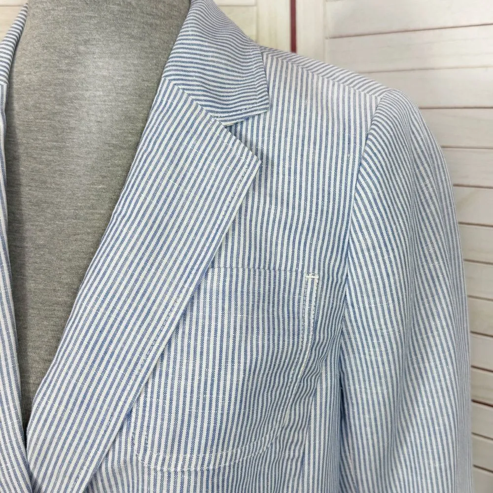 Talbots Linen Blend Seersucker Striped Blazer‎ Jacket Blue White 10 Preppy - Image 8