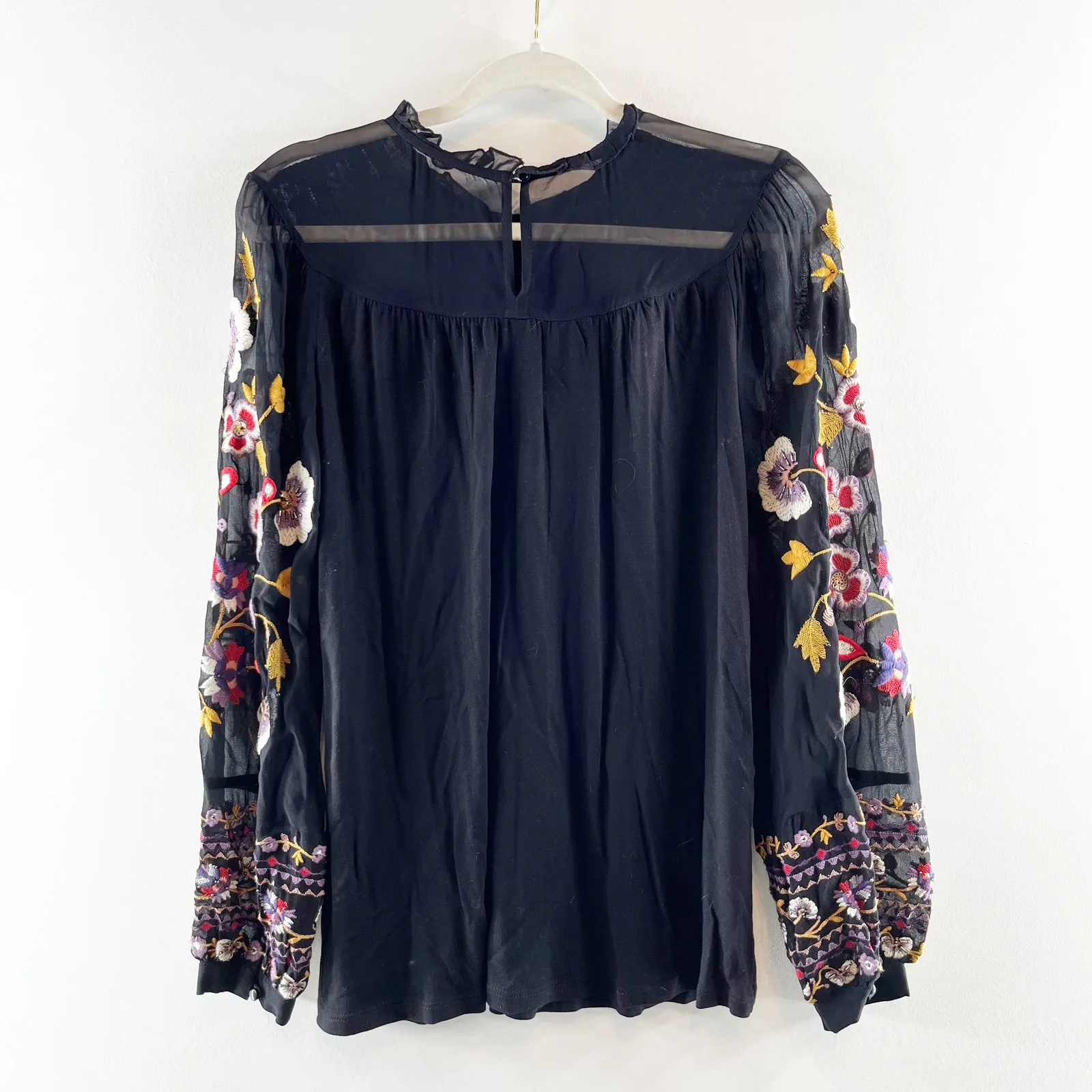 Akemi + Kin Anthropologie Louise Long Sleeve Embroidered Blouse Top Black XS - Image 4