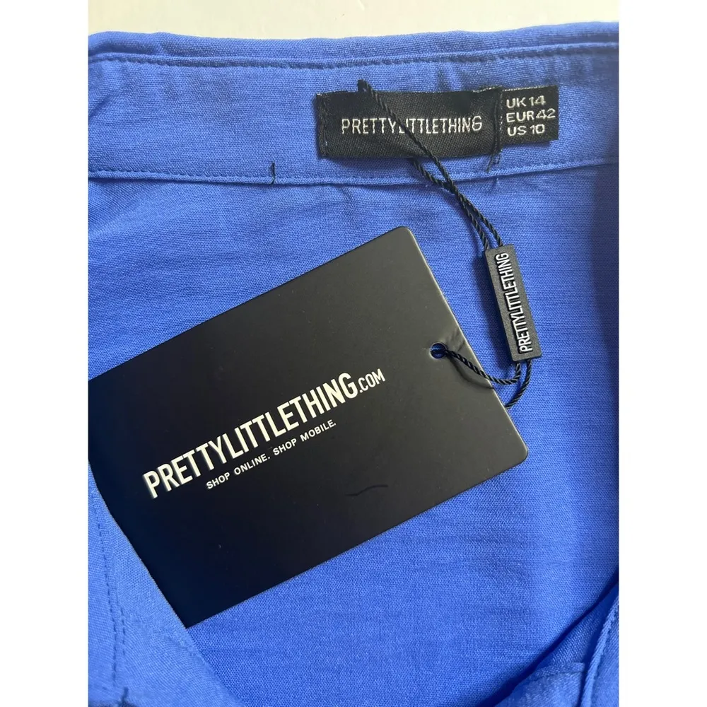 PrettyLittleThing Blue Textured Woven Extreme Plunge Bell Cuff Shirt Dre… - Image 8