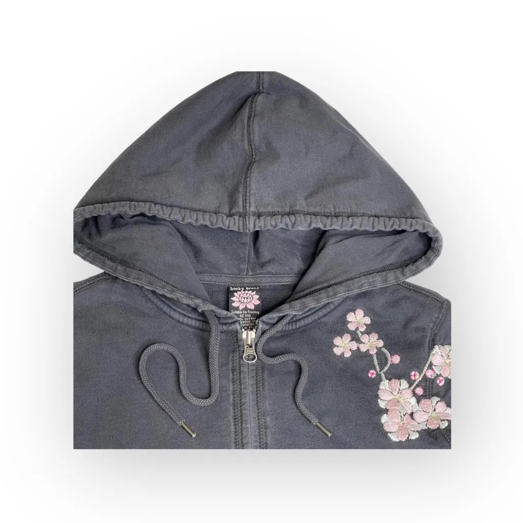 Rare: Y2K Lucky Brand ⚘ Hummingbird Embroidery Zip Hoodie ⚘ Charcoal Pink Small - Image 3