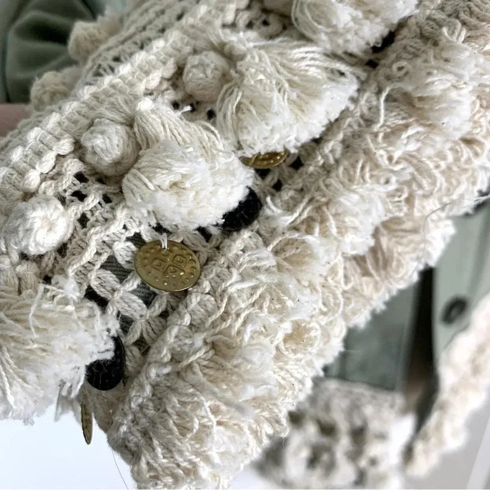 Zara Tassel Pom Crochet Fringe Boho Utility Jacket Green Size XS - Image 9