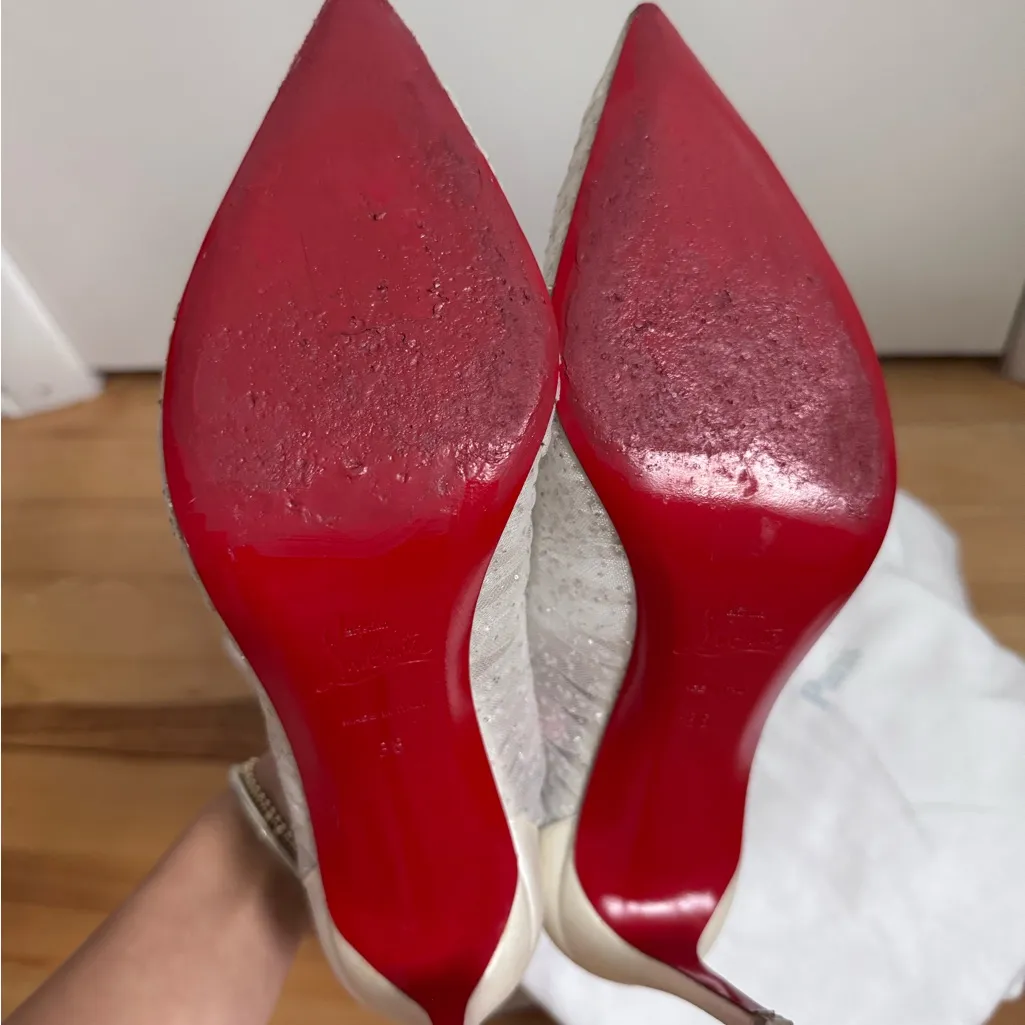 Christian Louboutin Kate Draperia 85 White Glitter Tulle Bridal Low Heel Pump 38 - Image 13
