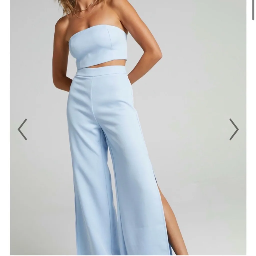 Showpo I'm The One 2 Piece Wide Leg Pant and Strapless Top Baby Blue Size 4 - Image 3