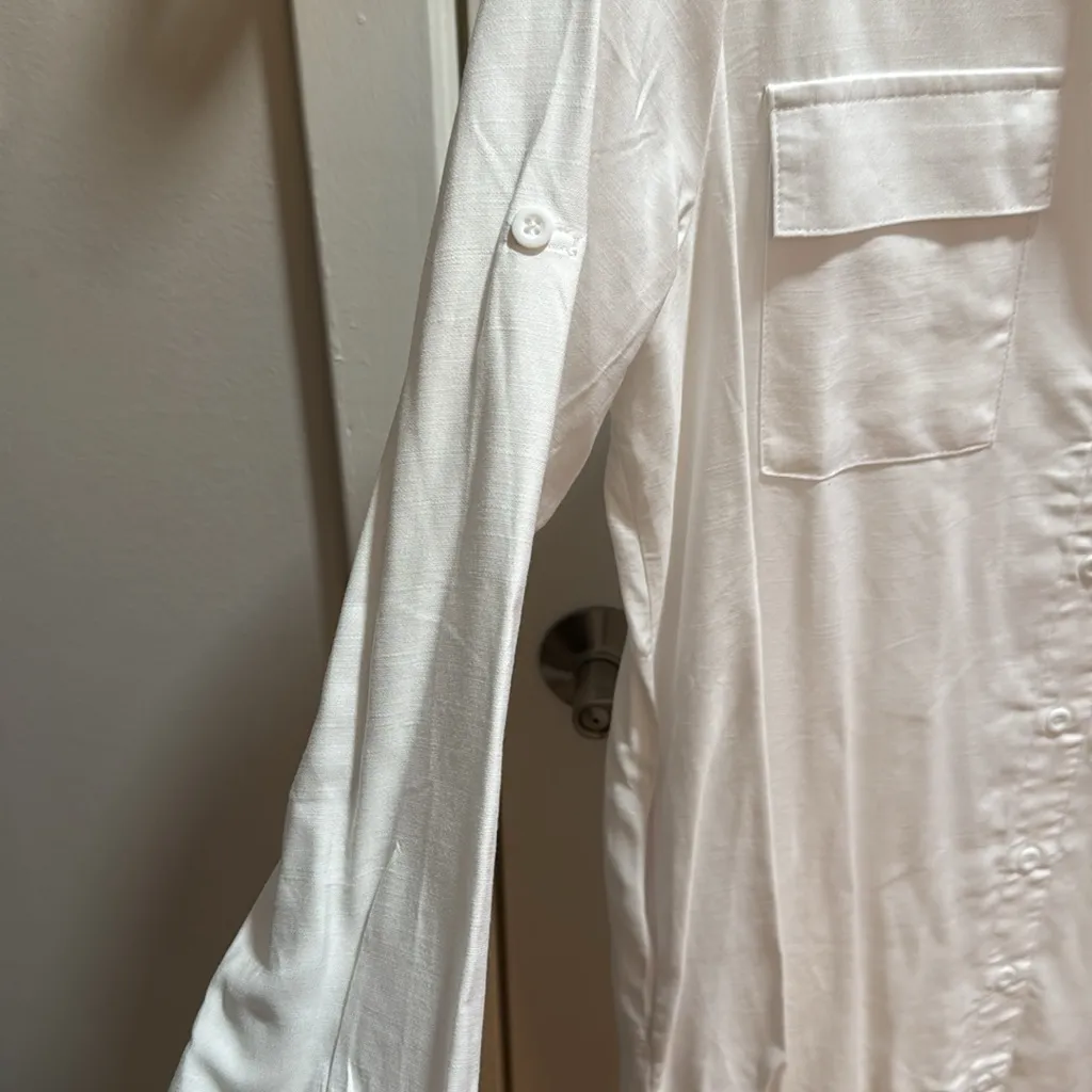 Source Unknown White Button Down Utility Shirt Dress Roll Tab‎ Sleeves Casual Chic Size Small - Image 5
