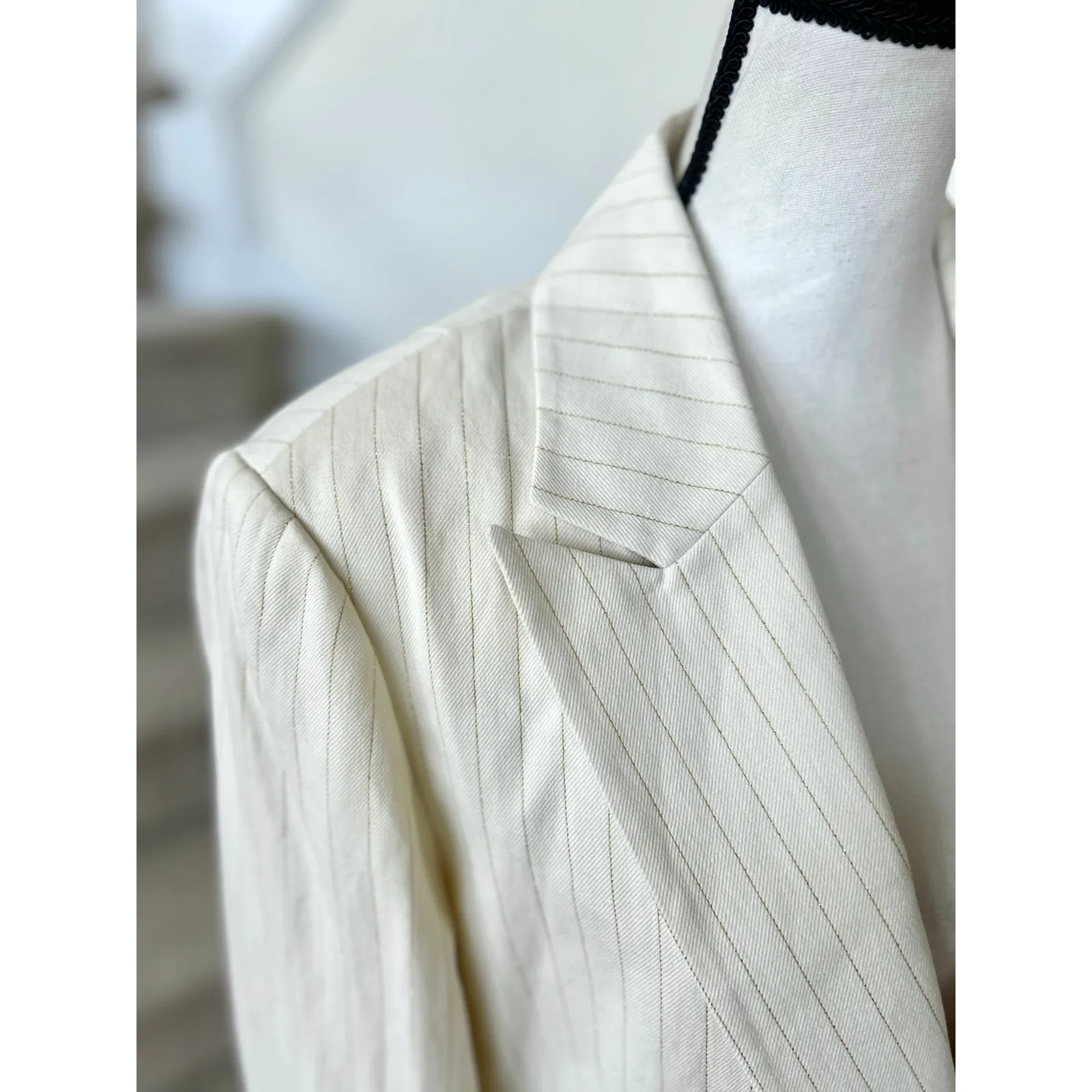 All Saints Payton White & Metallic Gold Pin Stripe Oversize Cotton Linen Blazer Size 10 - Image 6