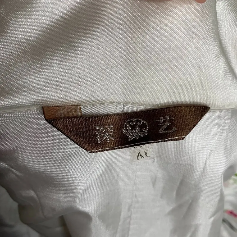 Embroidered Asian Style Vest M White Real Fur Trim Frog Buttons Zip Pockets Size M - Image 7