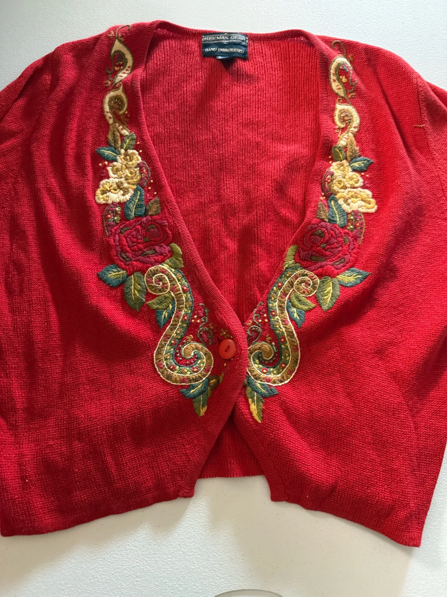 VTG Herman Geist Embroidered Cardigan Floral Beaded Sweater Red Large Boho Rose Grandmacore - Image 5