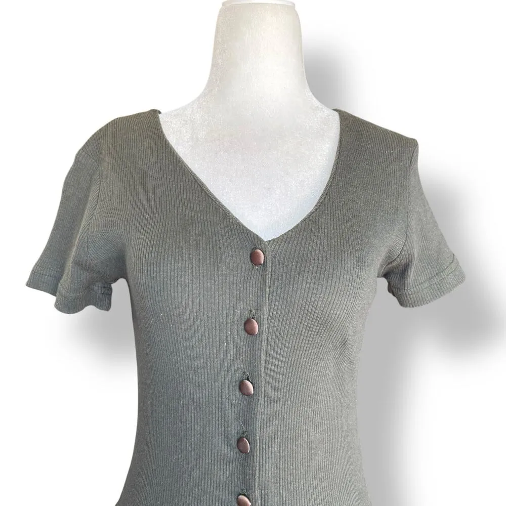 90s Faux Two Piece Olive Green Knit Top Floral Midi Dress Romantic Cottagecore - Image 2