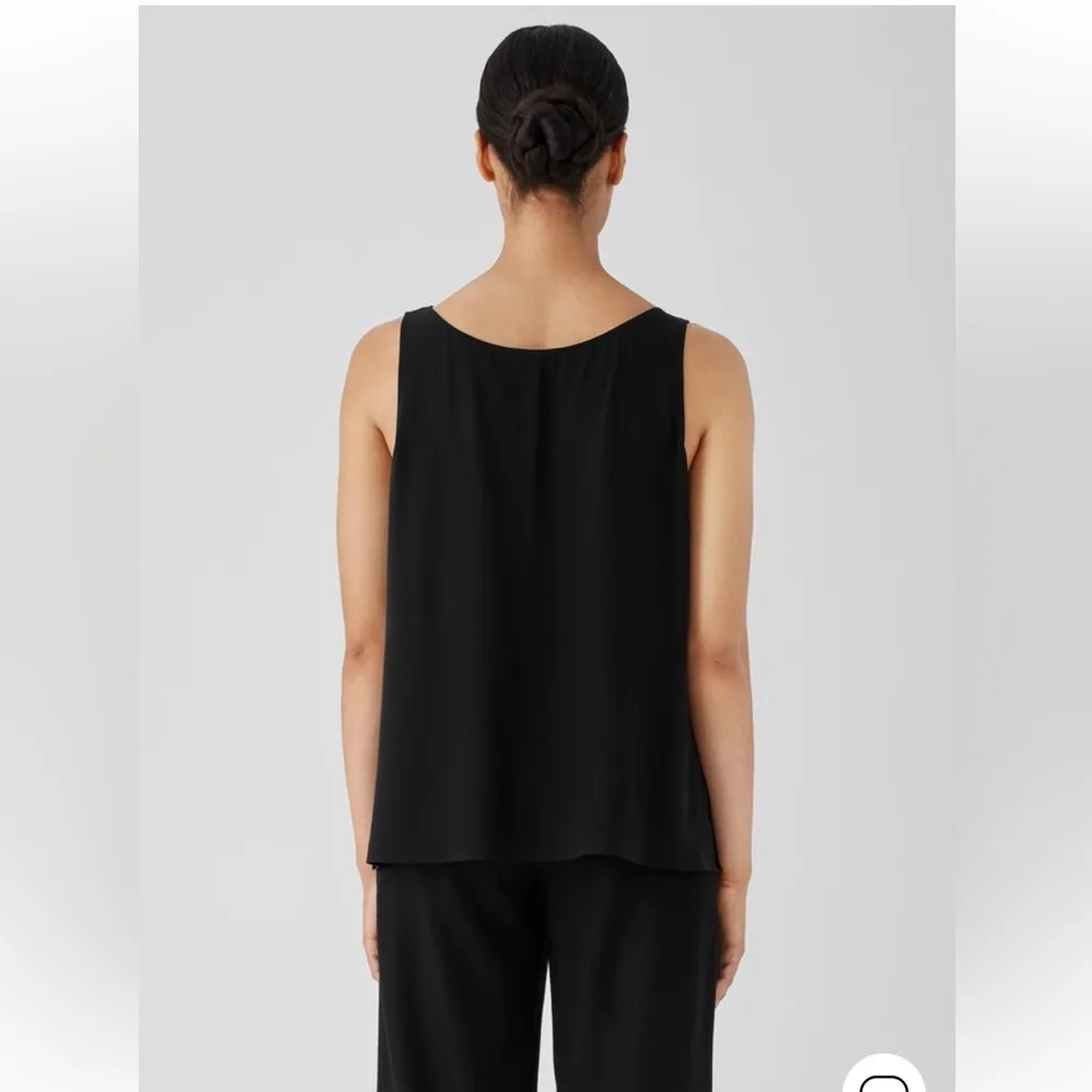 Eileen Fisher Silk Georgette Crepe Ballet Neck Tank Small Basic Black Tank Top - Image 2