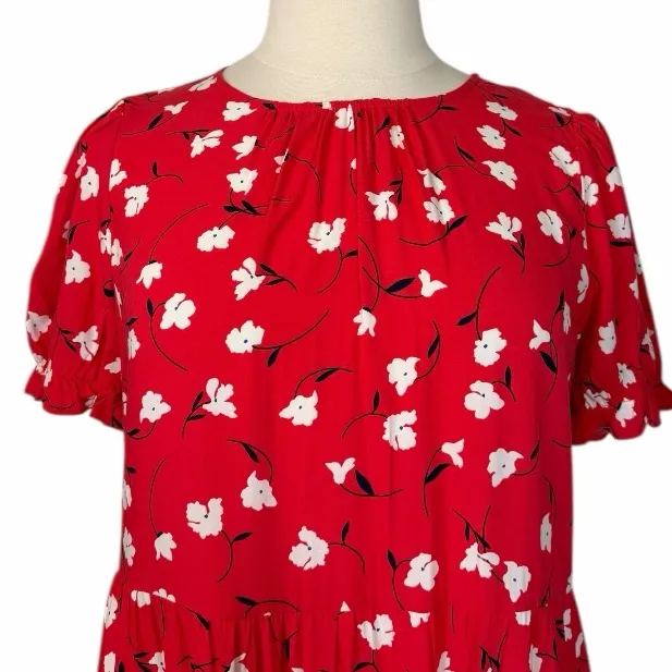 J.Crew Midi Dress Short Puff Sleeve Tiered Red Floral Women’s Size XL New NWT - Image 6