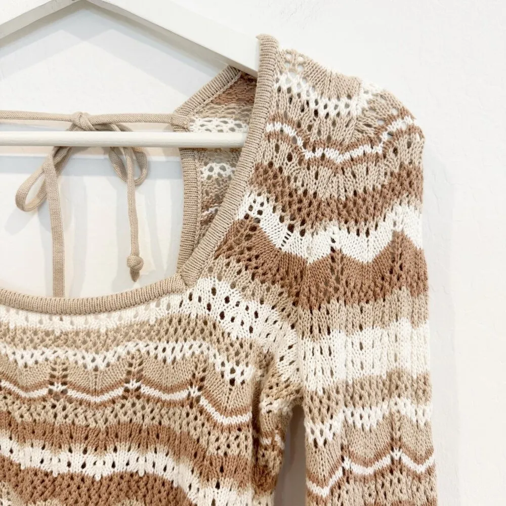 Hollister Crochet Knit Flare Bell Sleeve Square Neck Top Boho Cream‎ Tan Medium - Image 2