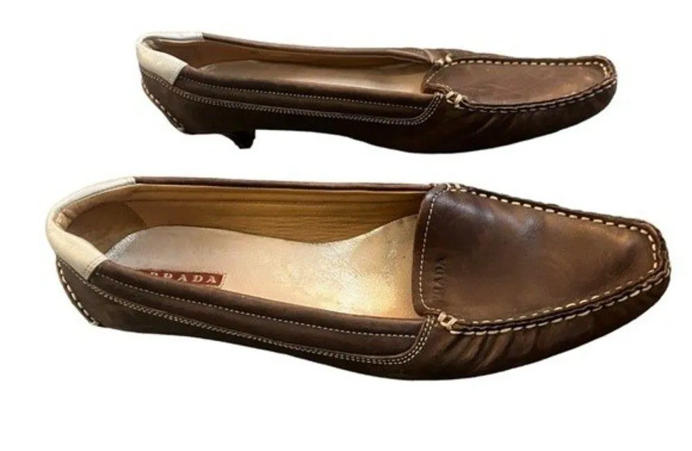 PRADA Brown Kitten Heel Leather Vintage Loafers - Image 4