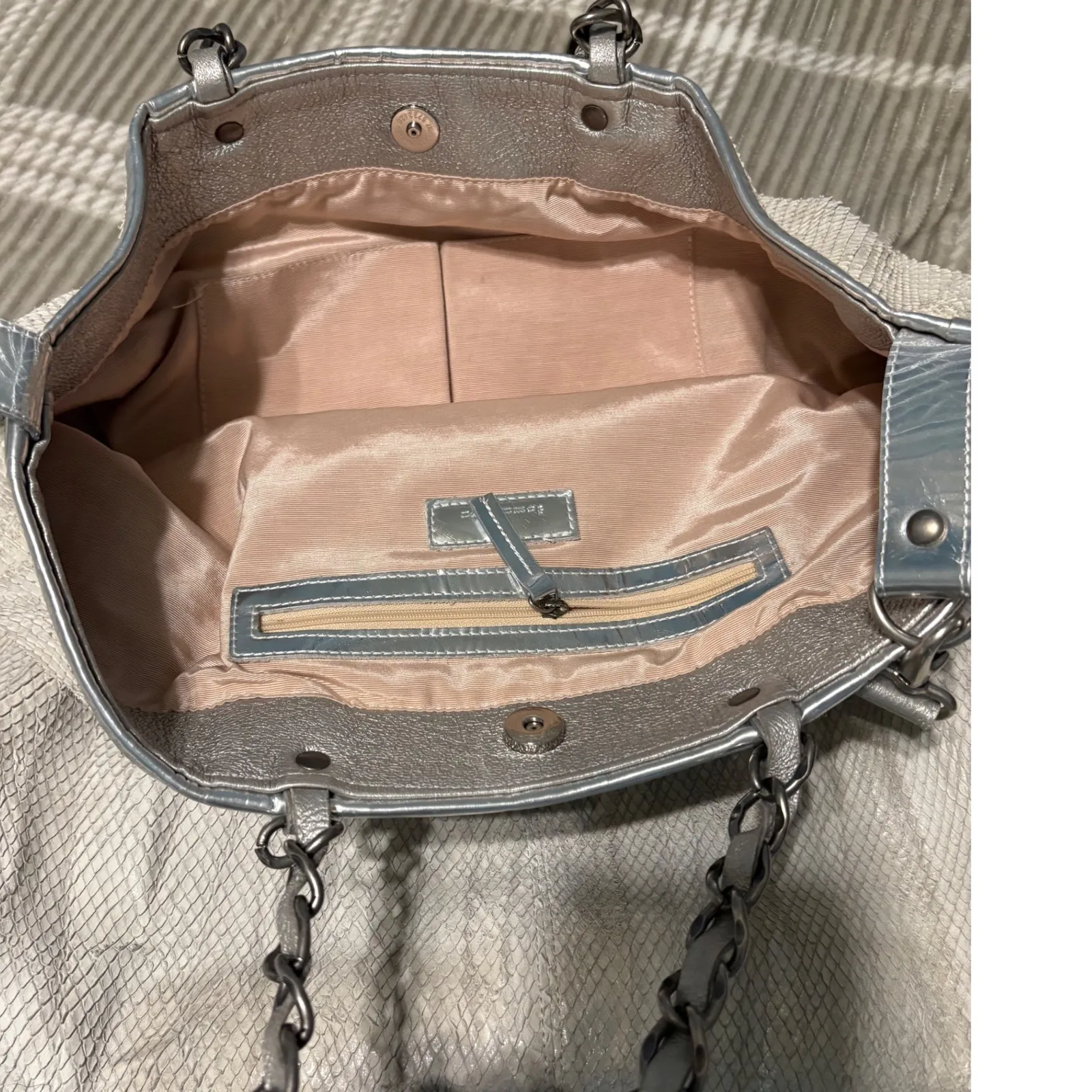 Sammi Lys Snake Embossed Leather Shoulder Bag Silver Chain Handle Tote Tan - Image 4