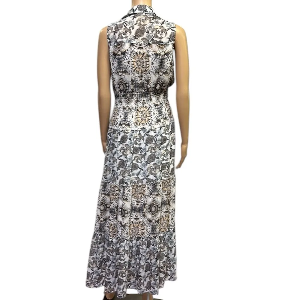 Figueroa Flower Sleeveless Floral Button Up Tiered Collared Dress & Cami Slip S Gray - Image 7