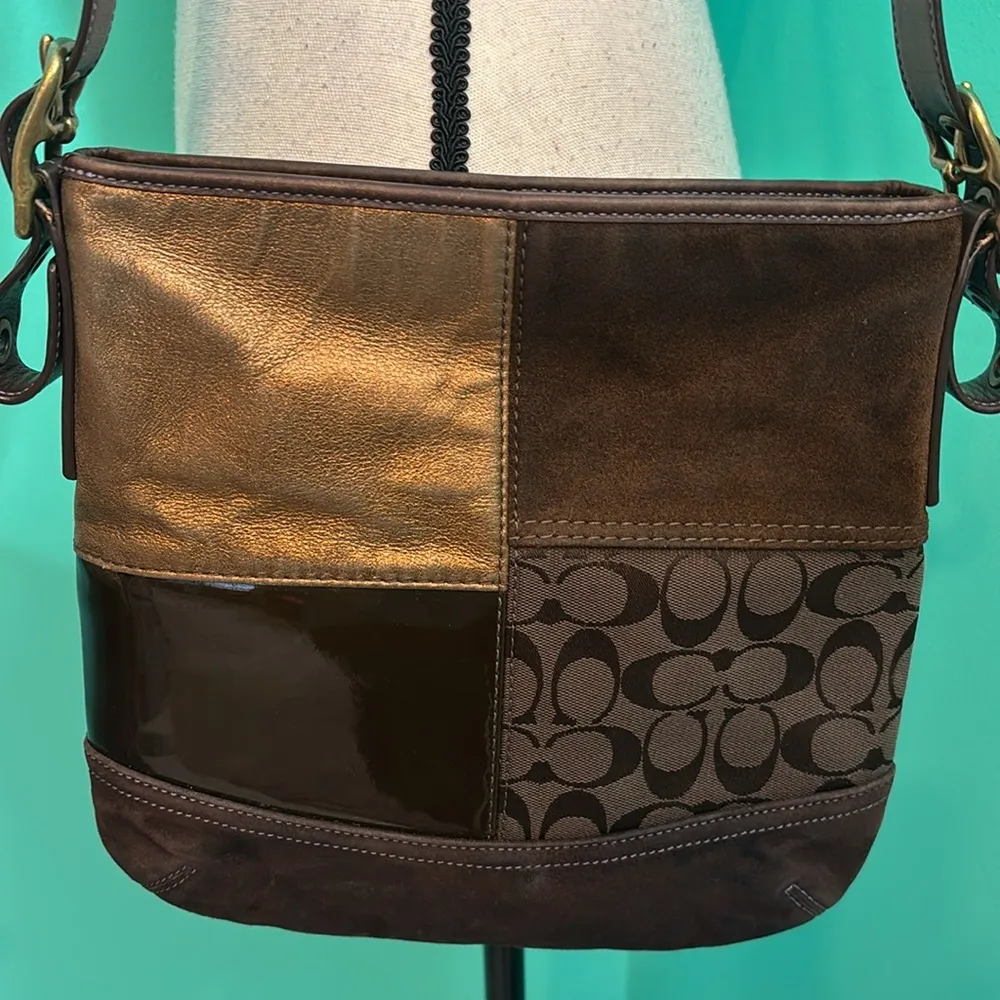 Coach  Leather Suede Patchwork Brown Duffel Crossbody Bag - Image 3