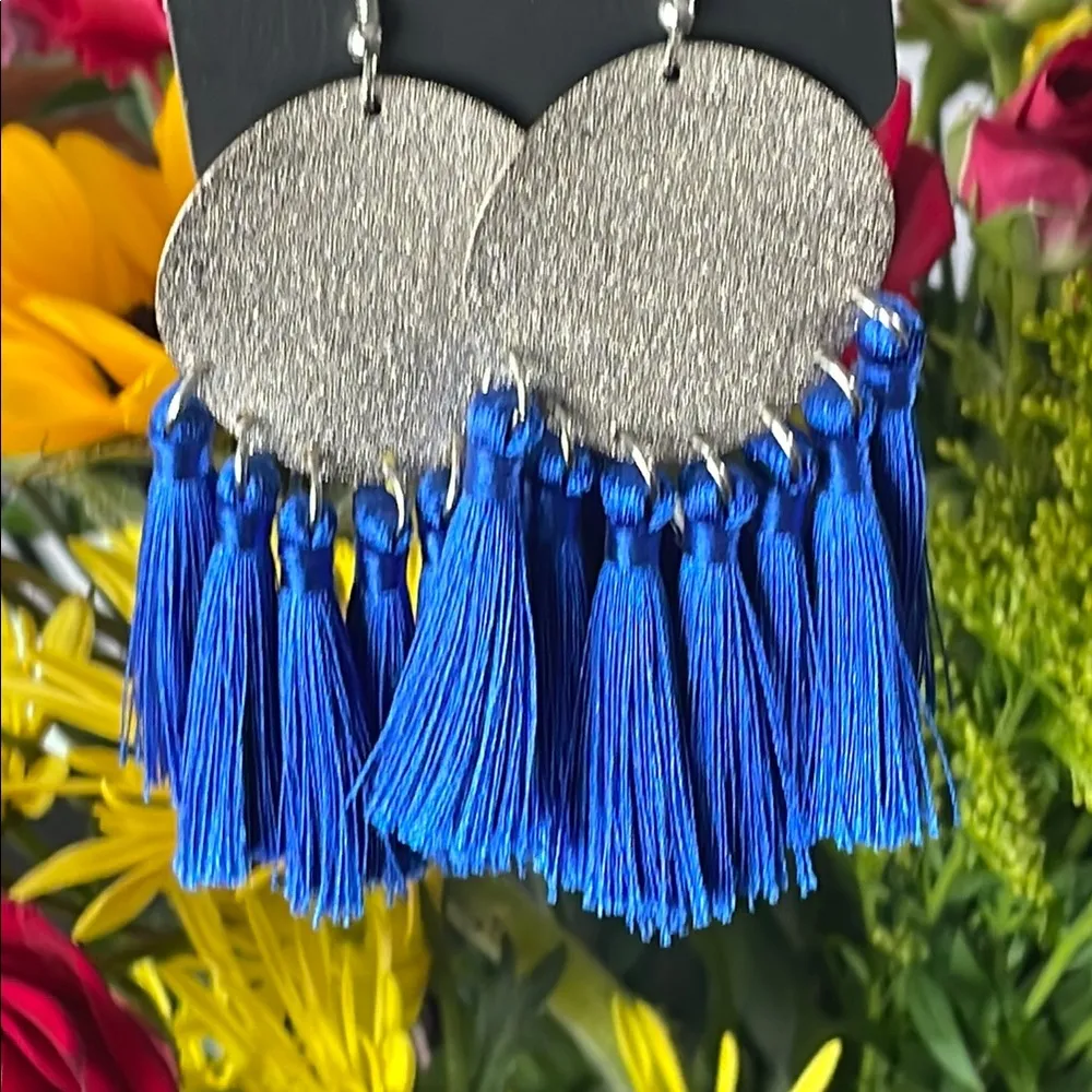 Paparazzi earrings Metallic Silver Round Disc with Blue Tassels Fashion Jewelry - Image 4