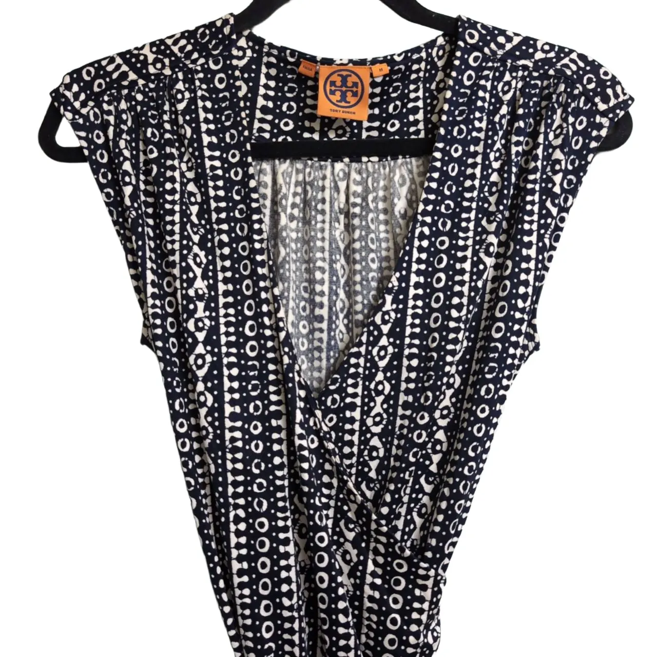 Tory Burch Ivette Wrap Dress Navy Blue White Geometric Tie Waist Cap Sleeve M - Image 4