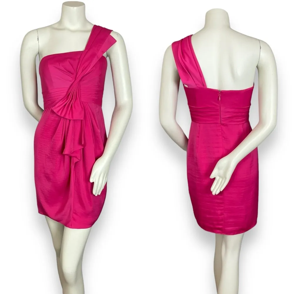 Dress One Shoulder Cocktail Pink Begonia Front Bow Sz 6 Mini Palais - Image 13