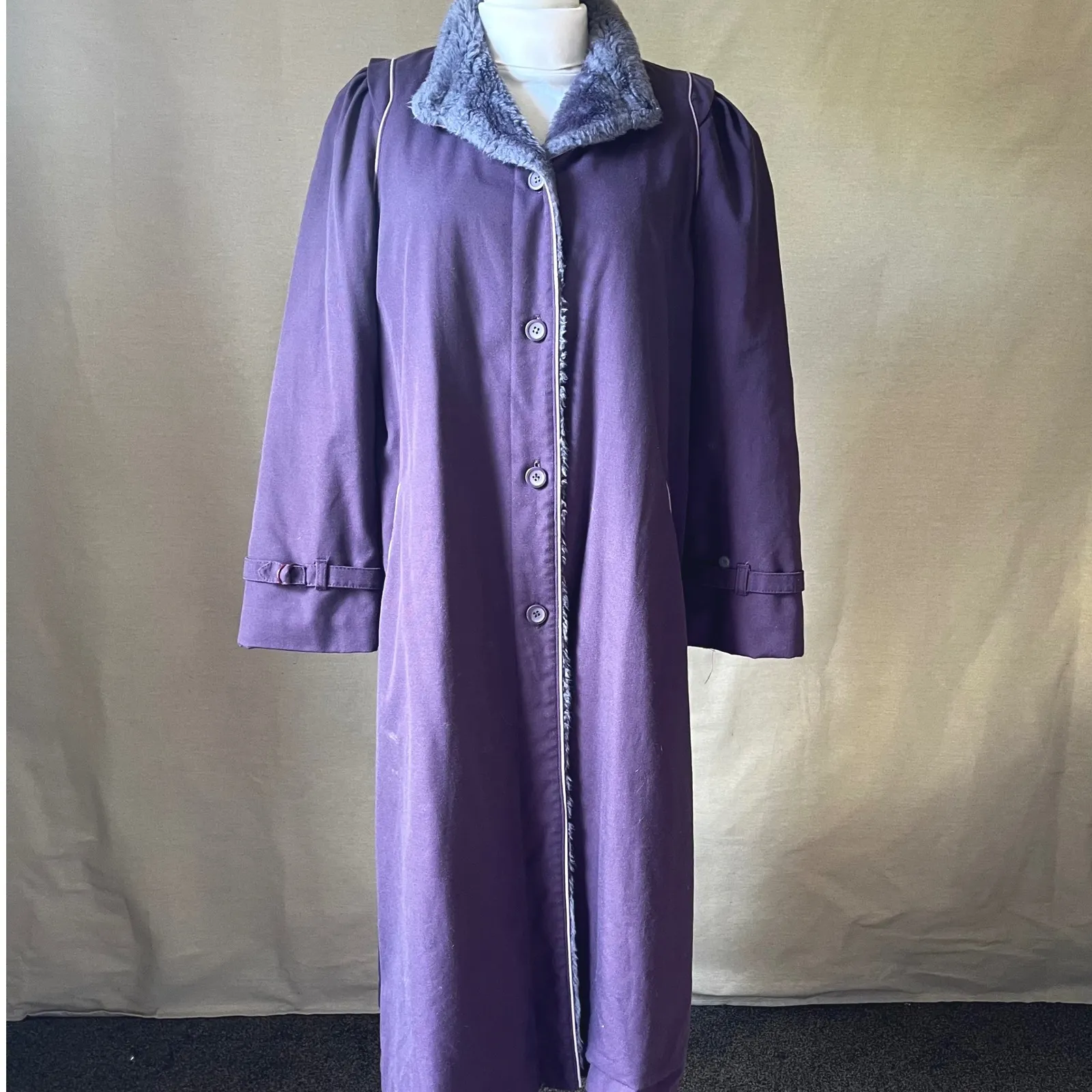 Vintage 70s Purple Faux Fur Trim Maxi Coat Quilted Lining‎ Longline Jacket M Size M - Image 3